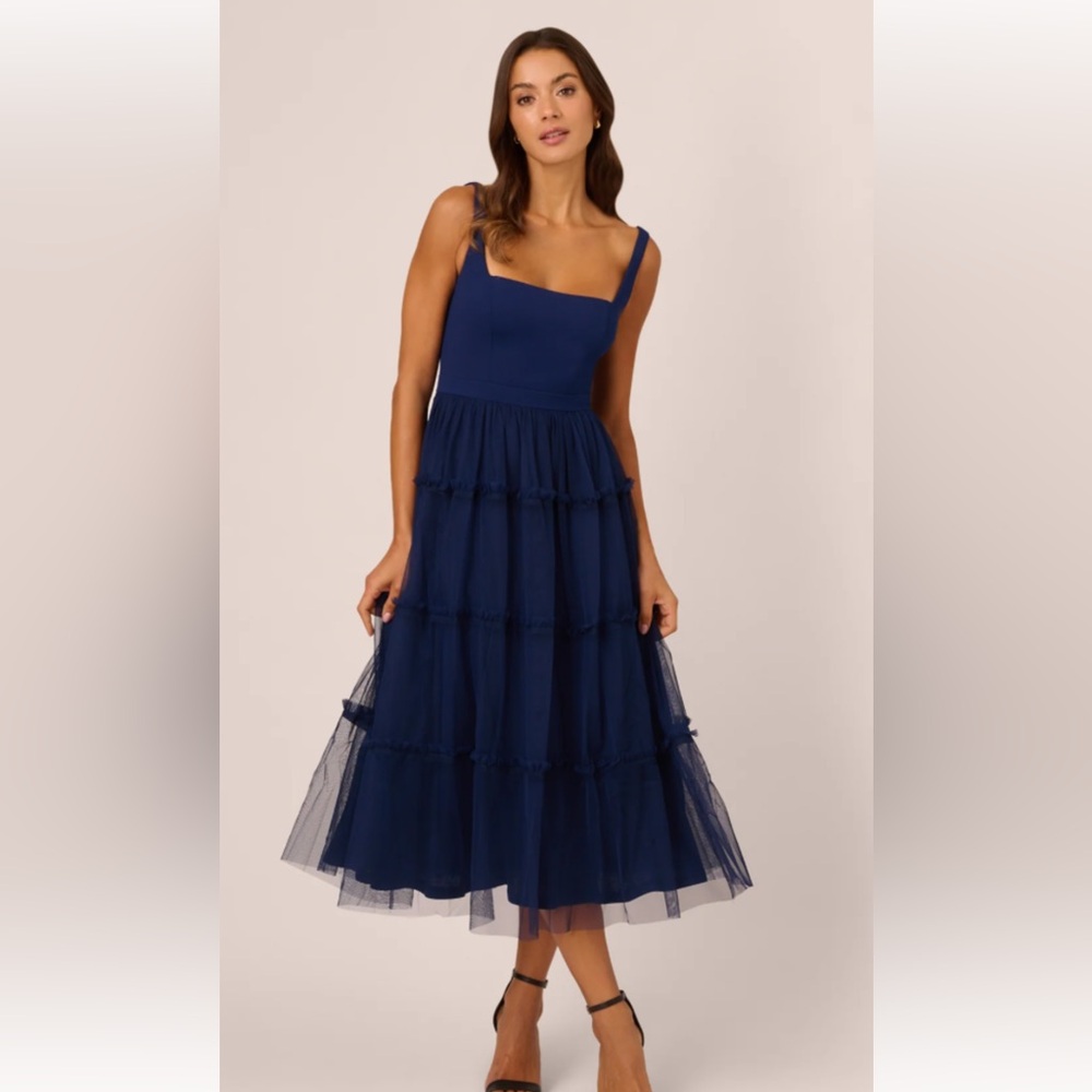 ADRIANNA PAPELL Midi Dress With Square Neck And Tiered Skirt In Navy - Size 0